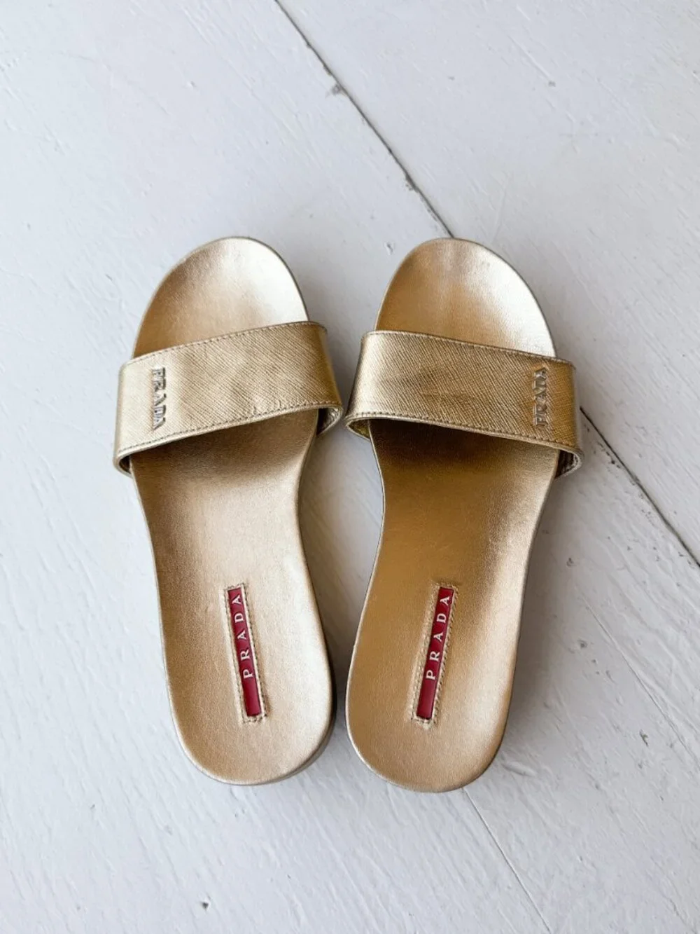 Prada Gold Leather Logo Slide Sandals - Size 36.5